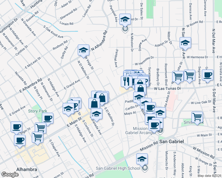 map of restaurants, bars, coffee shops, grocery stores, and more near 101 Champion Place in Alhambra