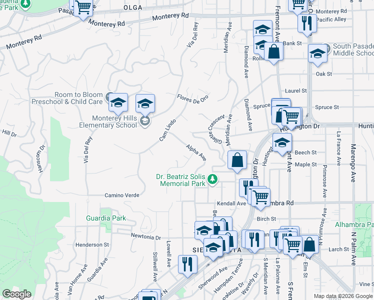 map of restaurants, bars, coffee shops, grocery stores, and more near 1855 Alpha Avenue in South Pasadena