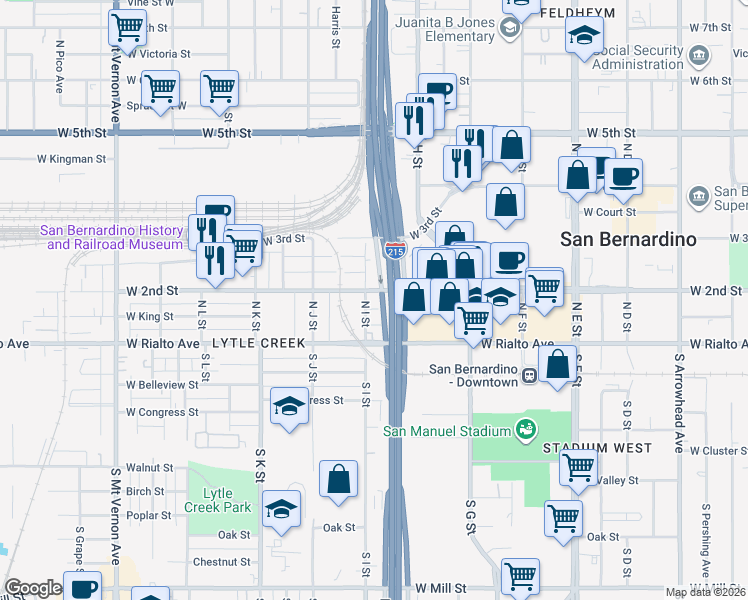 map of restaurants, bars, coffee shops, grocery stores, and more near 895 West 2nd Street in San Bernardino