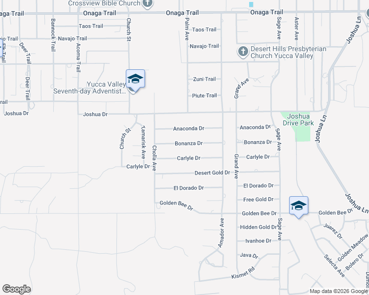 map of restaurants, bars, coffee shops, grocery stores, and more near 56527 Bonanza Drive in Yucca Valley
