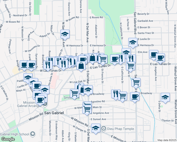 map of restaurants, bars, coffee shops, grocery stores, and more near in San Gabriel