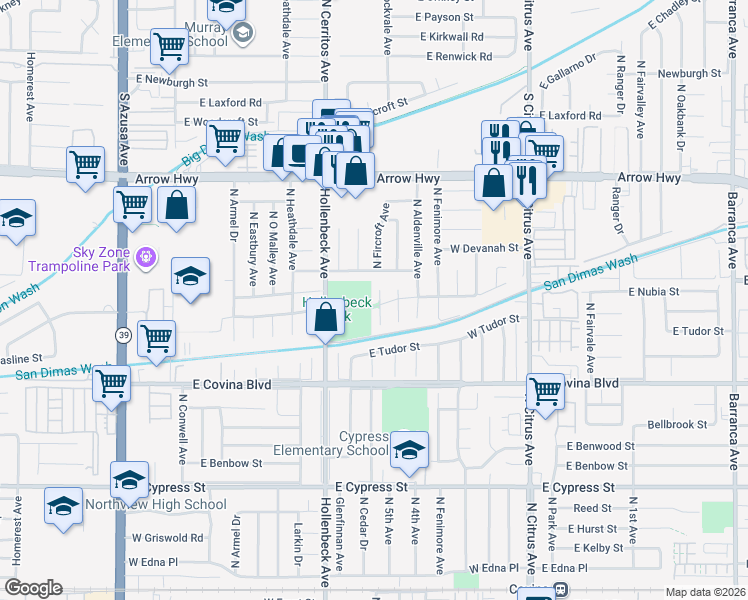 map of restaurants, bars, coffee shops, grocery stores, and more near 1265 North Fircroft Avenue in Covina