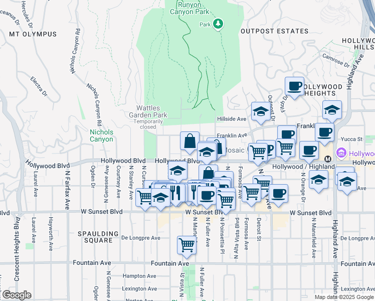 map of restaurants, bars, coffee shops, grocery stores, and more near 1718 North Vista Street in Los Angeles