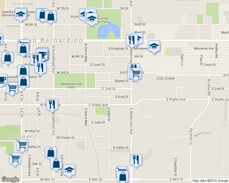 map of restaurants, bars, coffee shops, grocery stores, and more near 247 East 2nd Street in San Bernardino