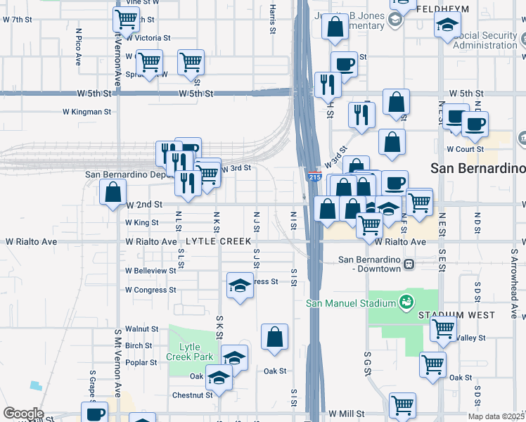 map of restaurants, bars, coffee shops, grocery stores, and more near 963 West 2nd Street in San Bernardino