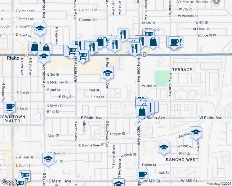 map of restaurants, bars, coffee shops, grocery stores, and more near 185 North Eucalyptus Avenue in Rialto