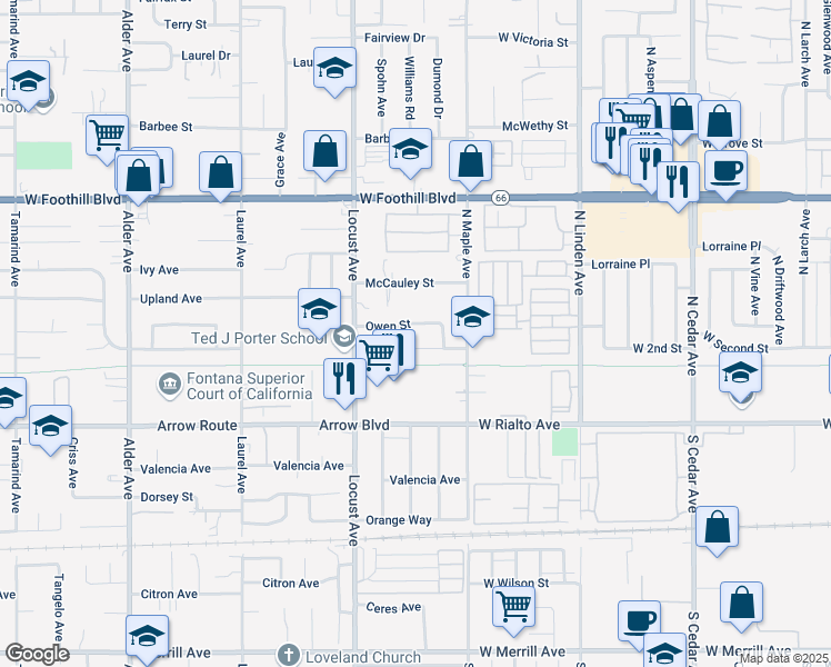 map of restaurants, bars, coffee shops, grocery stores, and more near 18167 Owen Street in Fontana