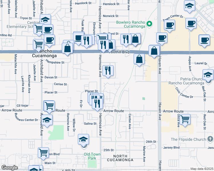 map of restaurants, bars, coffee shops, grocery stores, and more near 8315 Spring Desert Place in Rancho Cucamonga