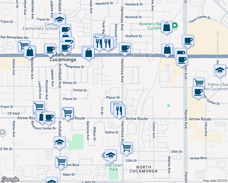 map of restaurants, bars, coffee shops, grocery stores, and more near 9910 Placer Street in Rancho Cucamonga