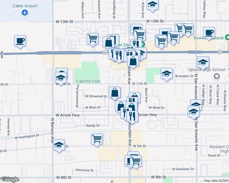 map of restaurants, bars, coffee shops, grocery stores, and more near 1257 Woodbury Court in Upland
