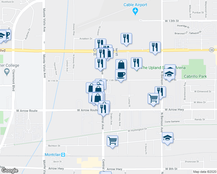 map of restaurants, bars, coffee shops, grocery stores, and more near in Upland