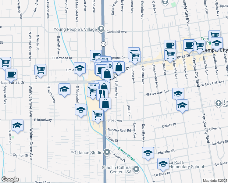 map of restaurants, bars, coffee shops, grocery stores, and more near 5642 Rosemead Boulevard in Temple City