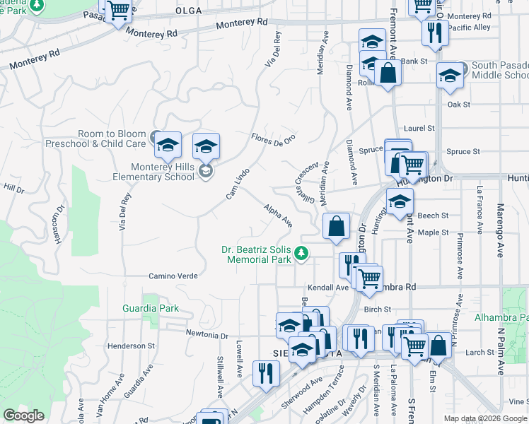 map of restaurants, bars, coffee shops, grocery stores, and more near 1855 Alpha Avenue in South Pasadena