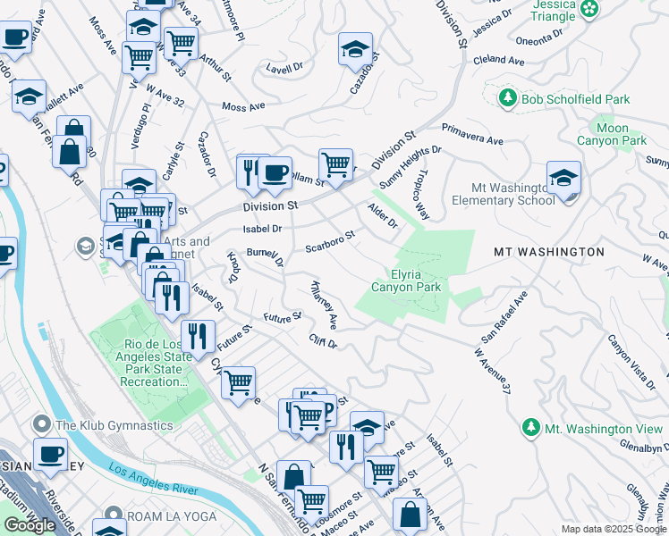 map of restaurants, bars, coffee shops, grocery stores, and more near 1710 Bridgeport Drive in Los Angeles