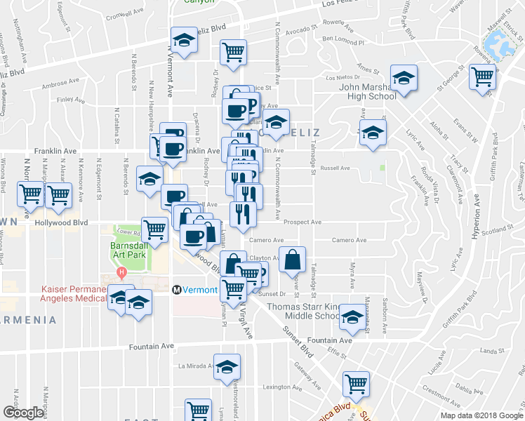 map of restaurants, bars, coffee shops, grocery stores, and more near 4406 Kingswell Avenue in Los Angeles