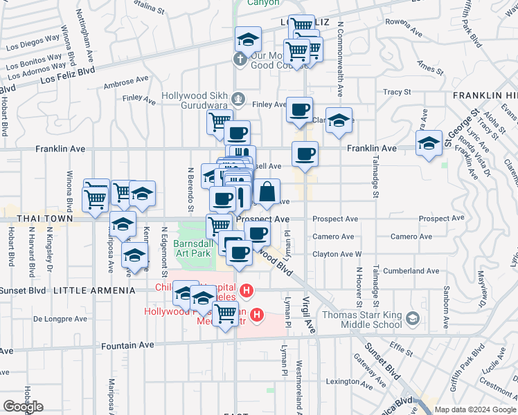map of restaurants, bars, coffee shops, grocery stores, and more near 4608 Kingswell Avenue in Los Angeles