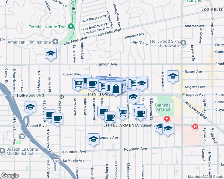 map of restaurants, bars, coffee shops, grocery stores, and more near 1723 Winona Boulevard in Los Angeles