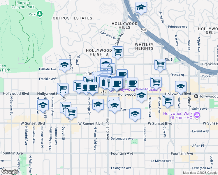 map of restaurants, bars, coffee shops, grocery stores, and more near 1755 North McCadden Place in Los Angeles