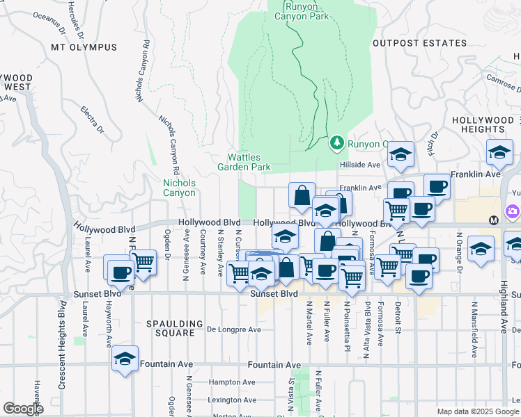 map of restaurants, bars, coffee shops, grocery stores, and more near 1731 North Gardner Street in Los Angeles
