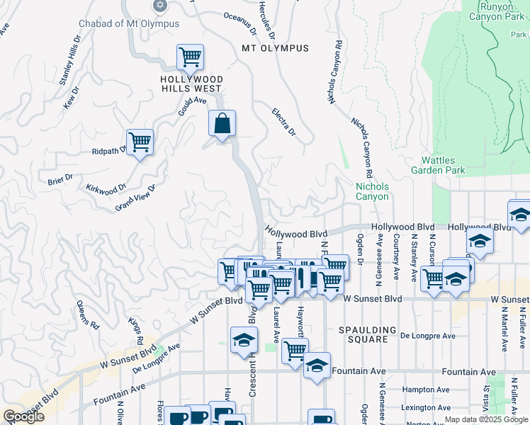 map of restaurants, bars, coffee shops, grocery stores, and more near 1720 Laurel Canyon Boulevard in Los Angeles