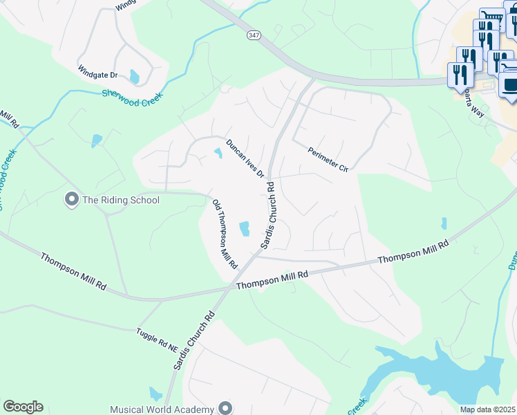 map of restaurants, bars, coffee shops, grocery stores, and more near 4496 Sardis Church Road in Buford