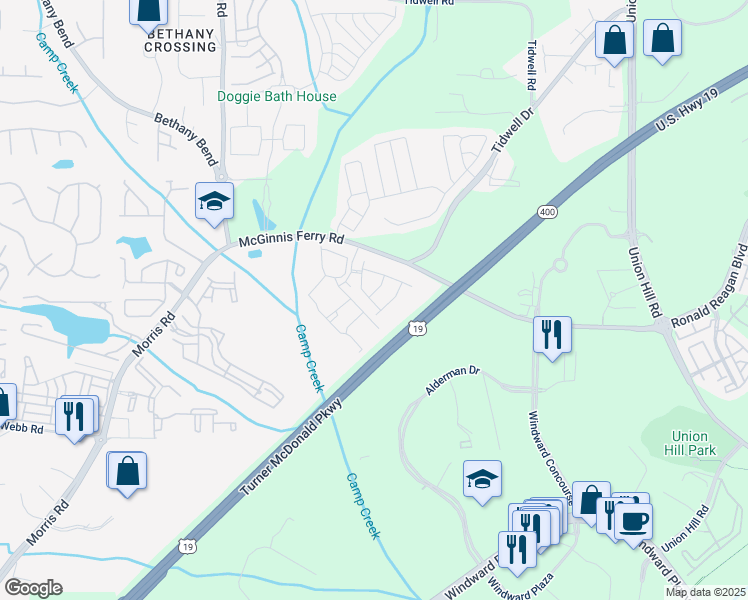 map of restaurants, bars, coffee shops, grocery stores, and more near 13255 Kemper Road in Alpharetta