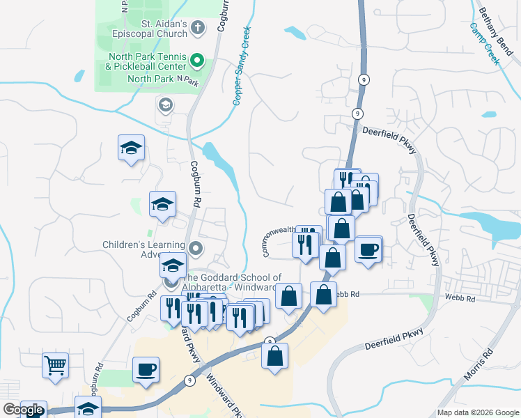 map of restaurants, bars, coffee shops, grocery stores, and more near 800 Barberry Drive in Alpharetta