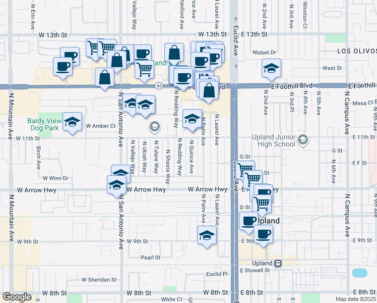 map of restaurants, bars, coffee shops, grocery stores, and more near 723 North Quince Avenue in Upland