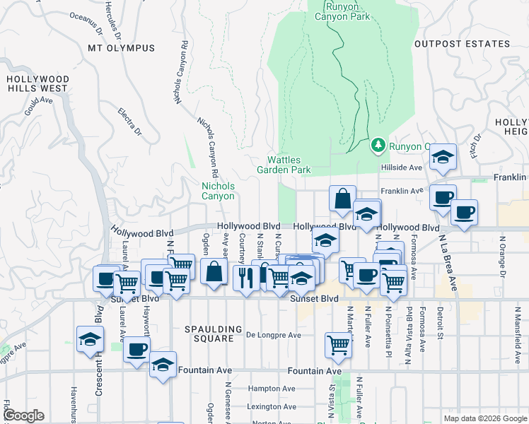 map of restaurants, bars, coffee shops, grocery stores, and more near 1722 North Stanley Avenue in Los Angeles