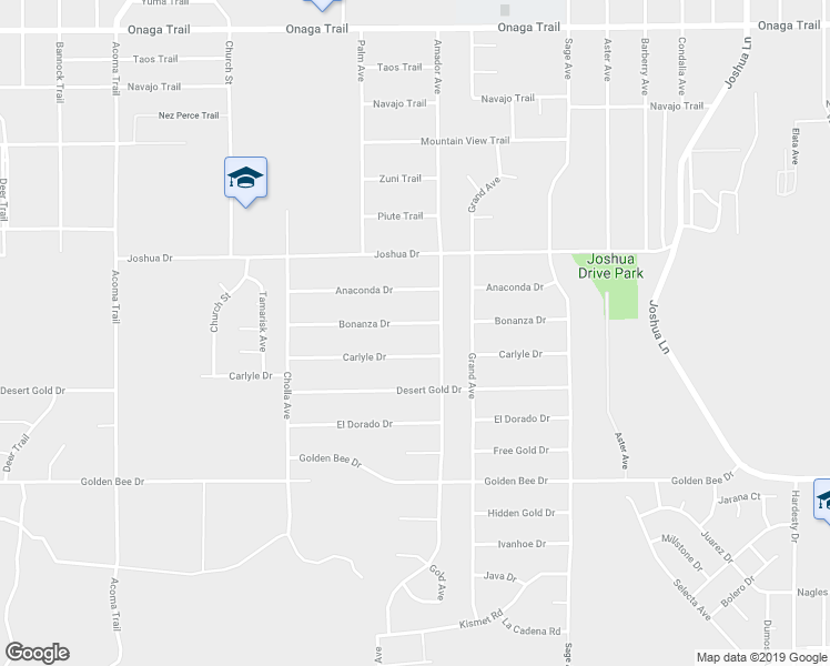 map of restaurants, bars, coffee shops, grocery stores, and more near 56633 Bonanza Drive in Yucca Valley