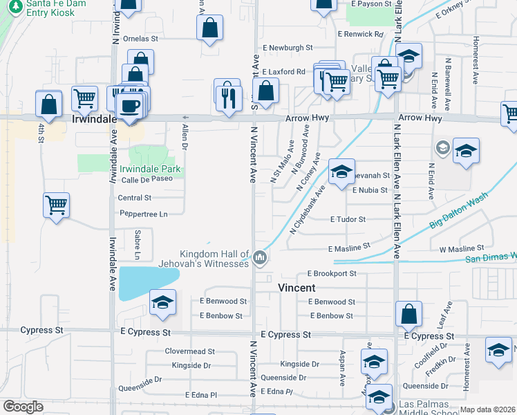 map of restaurants, bars, coffee shops, grocery stores, and more near 4928 Vincent Avenue in Irwindale