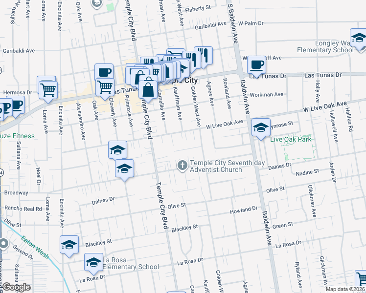 map of restaurants, bars, coffee shops, grocery stores, and more near 9679 Wedgewood Street in Temple City
