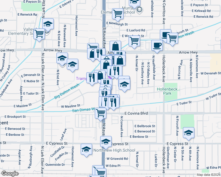 map of restaurants, bars, coffee shops, grocery stores, and more near 815 West Grondahl Street in Covina