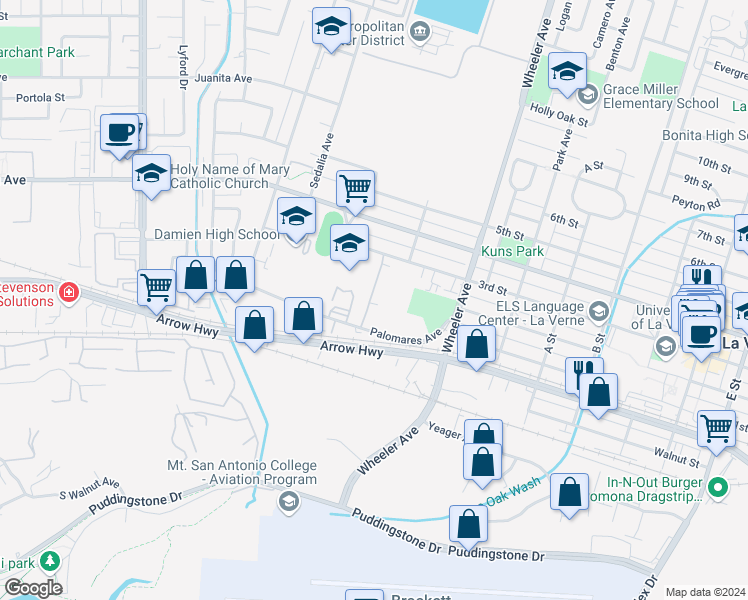 map of restaurants, bars, coffee shops, grocery stores, and more near 2106 Blossom Lane in La Verne