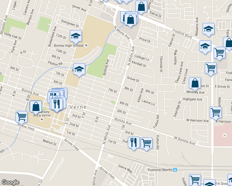 map of restaurants, bars, coffee shops, grocery stores, and more near 2472 7th Street in La Verne