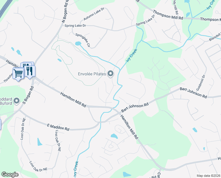 map of restaurants, bars, coffee shops, grocery stores, and more near 2880 Promenade Place in Buford