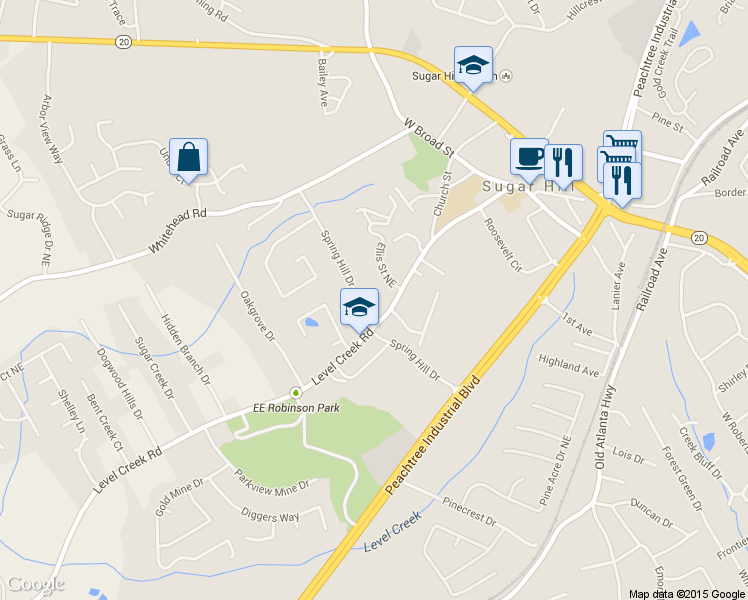 map of restaurants, bars, coffee shops, grocery stores, and more near 1022 Level Creek Road in Buford