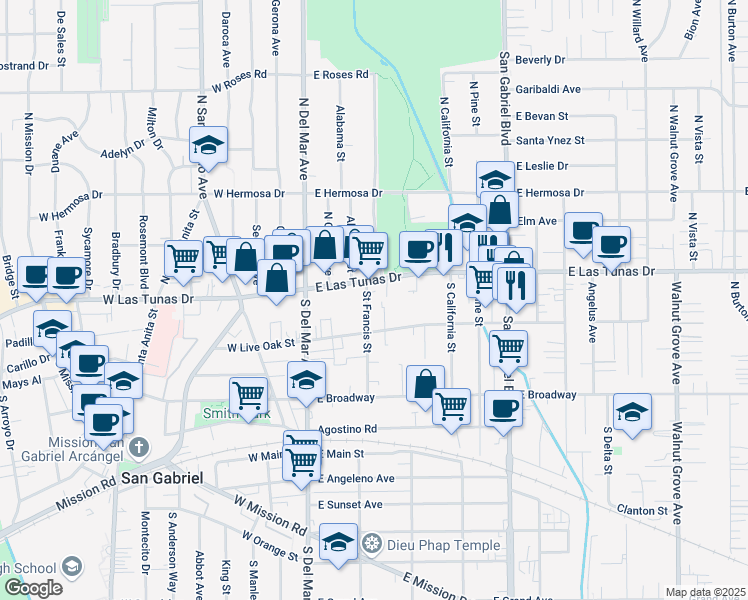 map of restaurants, bars, coffee shops, grocery stores, and more near 114 Saint Francis Street in San Gabriel
