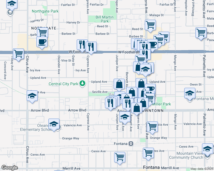 map of restaurants, bars, coffee shops, grocery stores, and more near in Fontana