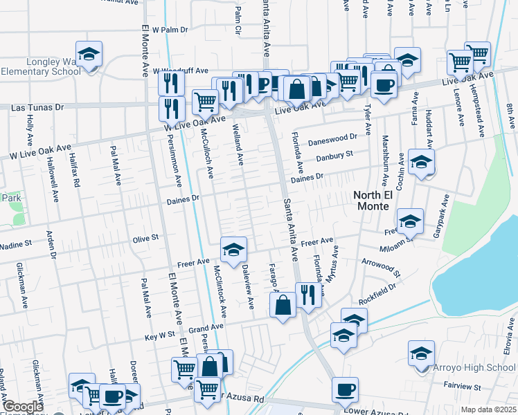 map of restaurants, bars, coffee shops, grocery stores, and more near 5427 Welland Avenue in Temple City