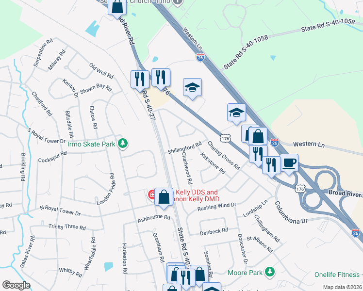 map of restaurants, bars, coffee shops, grocery stores, and more near 113 Shillingford Road in Irmo