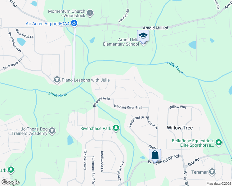 map of restaurants, bars, coffee shops, grocery stores, and more near 1204 River Forest Lane in Woodstock