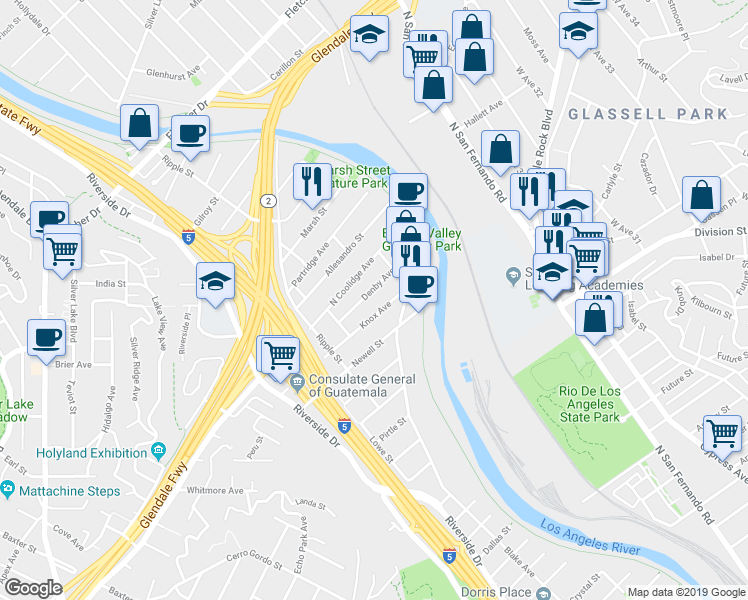 map of restaurants, bars, coffee shops, grocery stores, and more near 2812 Denby Avenue in Los Angeles