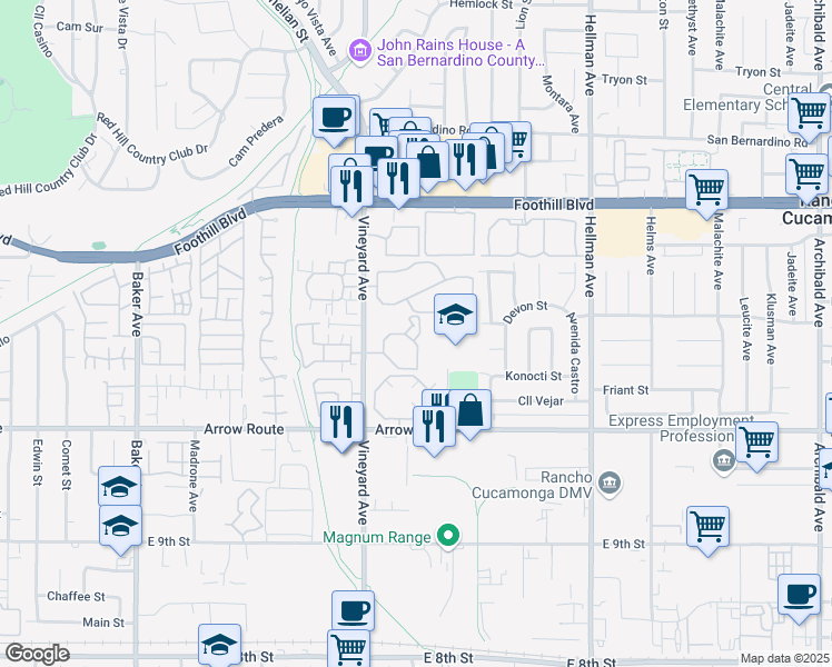map of restaurants, bars, coffee shops, grocery stores, and more near 8317 Vineyard Avenue in Rancho Cucamonga