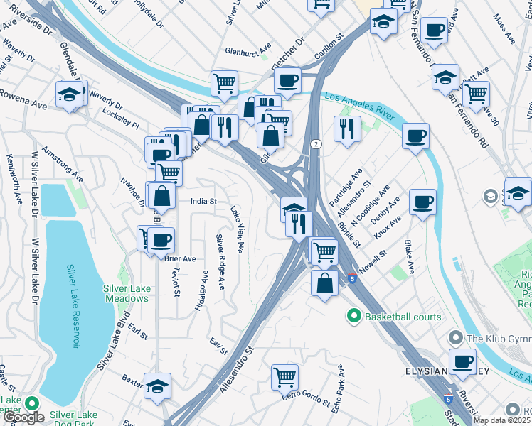 map of restaurants, bars, coffee shops, grocery stores, and more near 2639 Riverside Terrace in Los Angeles