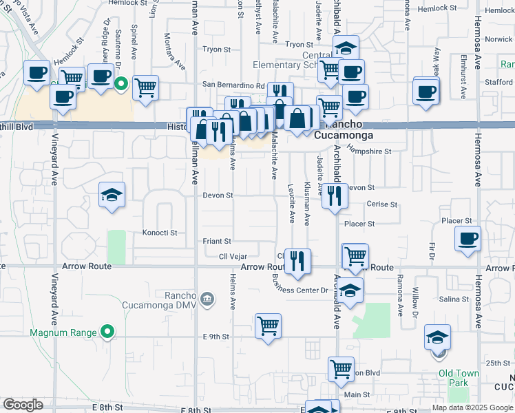 map of restaurants, bars, coffee shops, grocery stores, and more near 9474 Placer Street in Rancho Cucamonga