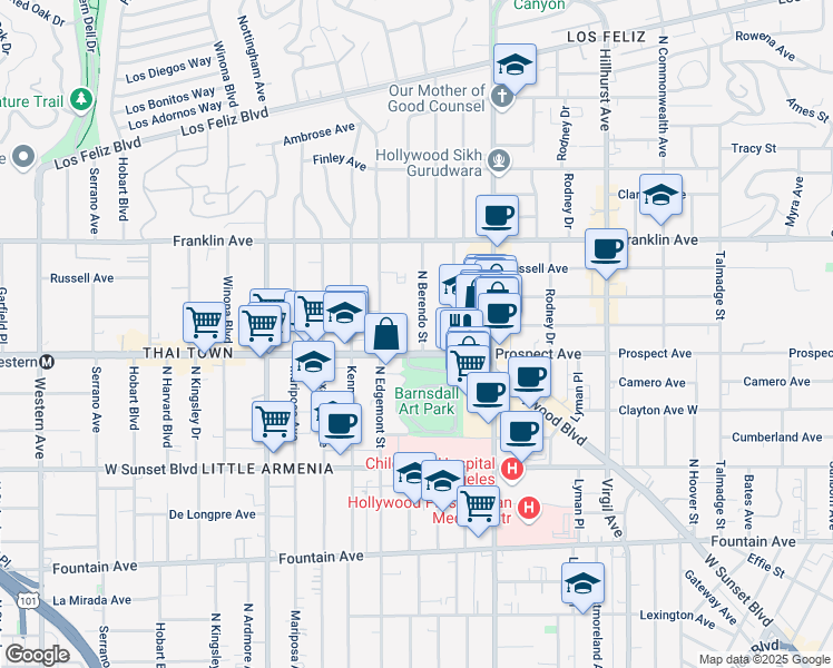 map of restaurants, bars, coffee shops, grocery stores, and more near 1719 North Berendo Street in Los Angeles