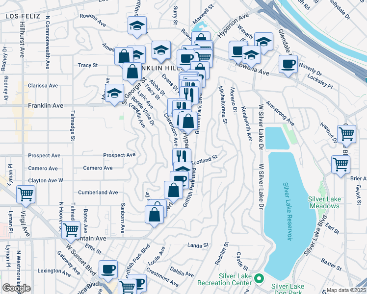 map of restaurants, bars, coffee shops, grocery stores, and more near 2314 Tracy Terrace in Los Angeles
