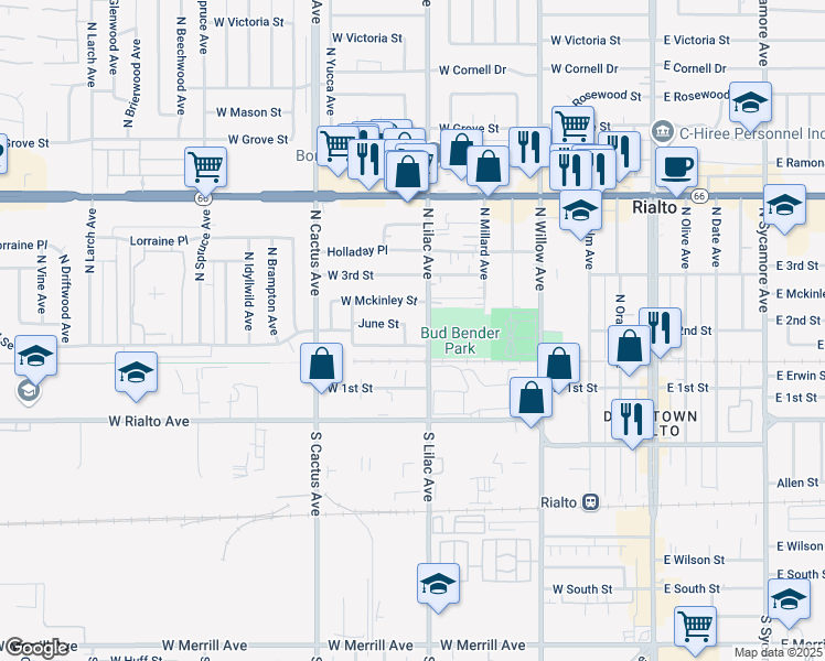 map of restaurants, bars, coffee shops, grocery stores, and more near 230 North Lilac Avenue in Rialto
