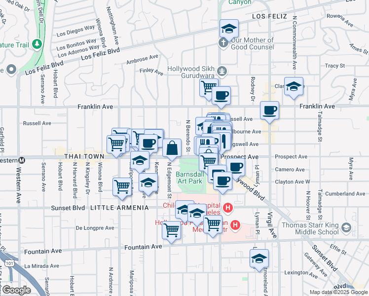 map of restaurants, bars, coffee shops, grocery stores, and more near 1717 North Berendo Street in Los Angeles